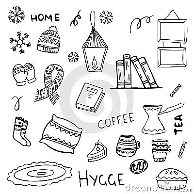 Set of hand drawn hygge cozy elements doodles in vector Vector Illustration