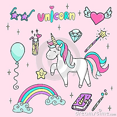 Set of hand drawn illustration of a magic unicorn, wand, star-sunglasses, diamond, magic book and other magic attributes Vector Illustration