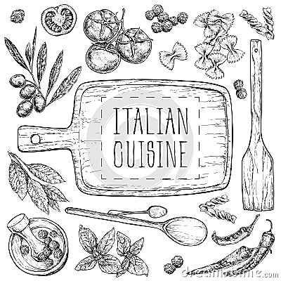 Set with hand drawn illustrations of food. Italian cuisine. Perfect for menu, cards, blogs, banners. vector illustration in vintag Vector Illustration