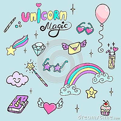 Set of hand drawn illustrations of a magic wand, diamond, rainbow and other magic attributes. Lettering Unicorn, Magic Vector Illustration