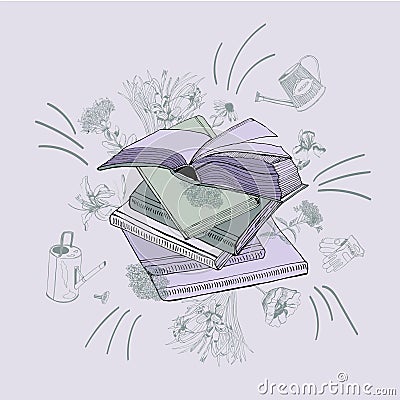 Set of hand drawn ink and colored sketch with books, summer flowers, watering cans and gloves for green press. Vector Illustration