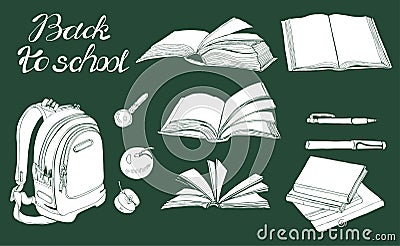 Set of hand drawn ink and inverted sketch with books, school items and lettering. White elements on dark green background. Vector Illustration