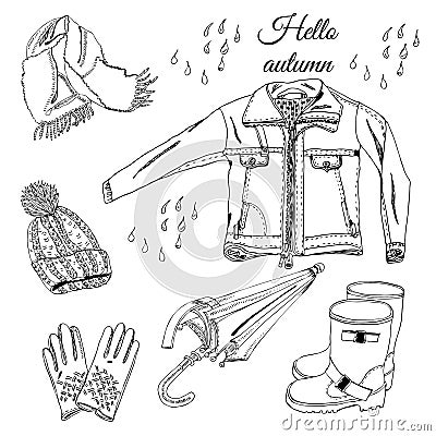 Set with hand drawn of items of autumn clothes and drops. Monochrome ink sketch elements isolated on white background Vector Illustration