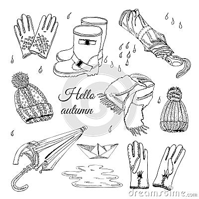 Set with hand drawn of items of autumn clothes, drops, puddle and paper boat. Monochrome ink sketch elements. Vector Illustration