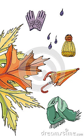 Set with hand drawn of items of autumn clothes, leaves and drops Vector Illustration