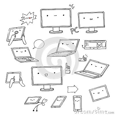Set of hand-drawn kawaii gadgets Vector Illustration