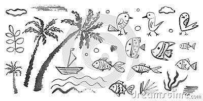 Set of Hand drawn Kids icons. Doodle style. Vector tropical objects. Watercolor elements. Artistic design. Palms, boat, waves Vector Illustration