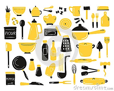 Set of hand drawn kitchen utensils, equipment. Collection of cooking doodles Vector Illustration