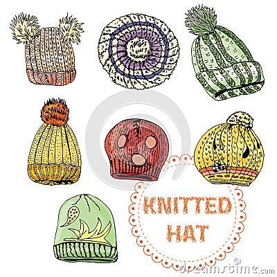 Set with hand drawn knitted hats and berets. Colored ink sketch objects isolated on white background Vector Illustration