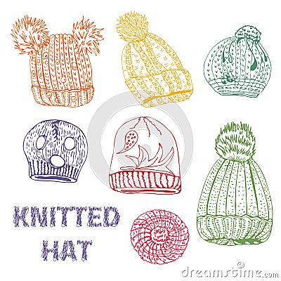 Set with hand drawn knitted hats and berets.Colored line of ink sketch objects isolated on white background Vector Illustration