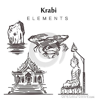 Set of hand-drawn Krabi buildings elements sketch vector illustration Cartoon Illustration