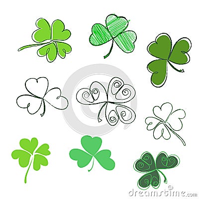 Set hand-drawn leaf clover in green colors. Three and Four leaf, Vector Illustration