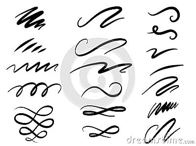 Set of hand drawn lettering and calligraphy swirls, squiggles. Vector ink decorations for composition Vector Illustration