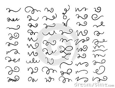 Set of hand drawn lettering and calligraphy swirls, squiggles. Vector ink swirl and swoop decorations for composition Vector Illustration