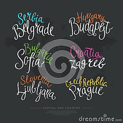 Set hand drawn lettering country and capital Europe. Vector Illustration