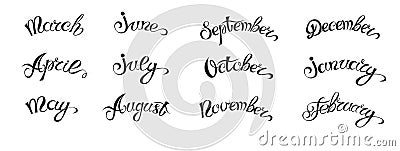 Set hand-drawn lettering with months names of year, black on white Vector Illustration
