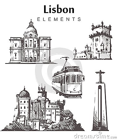 Set of hand-drawn Lisbon buildings. Lisbon elements sketch vector illustration Cartoon Illustration