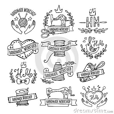 Set of hand drawn logos for sewing workshop Vector Illustration