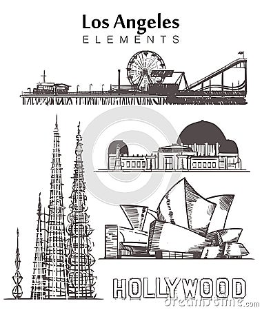 Set of hand-drawn Los Angeles buildings elements sketch vector illustration Cartoon Illustration