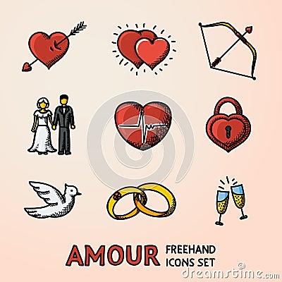 Set of hand drawn Love Amour icons with - heart arrow, two hearts, cupid bow, couple, pulse, locker, bird, rings Vector Illustration