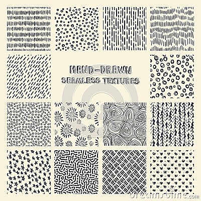 Set of hand drawn marker and ink seamless patterns Vector Illustration