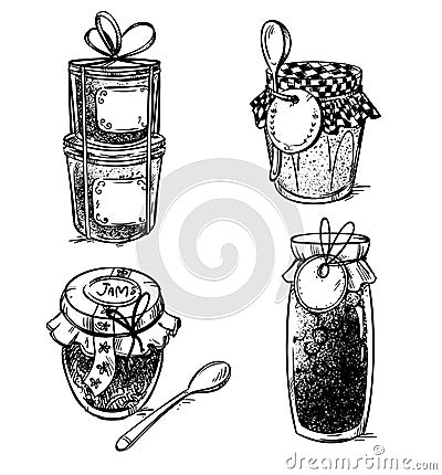 Set of hand drawn mason jars with jam, vector illustration Vector Illustration