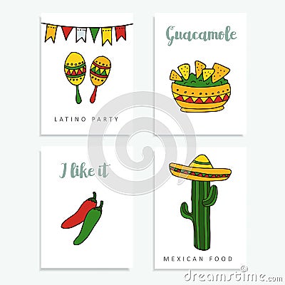 Set of hand drawn mexican cards for invitations or restaurant menu, doodle illustratios Vector Illustration