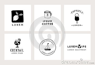 Set of hand drawn minimal logo templates. Food, drink and travel concept. Business branding identity. Isolated symbols Vector Illustration