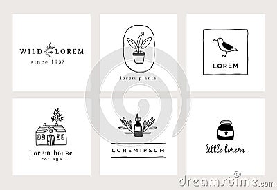 Set of hand drawn minimal logo templates. Food, drink and travel concept. Business branding identity. Isolated symbols Vector Illustration