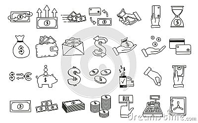 Set of hand drawn money related icons. Vector doodle illustrations with money, finance and commerce related subjects Vector Illustration