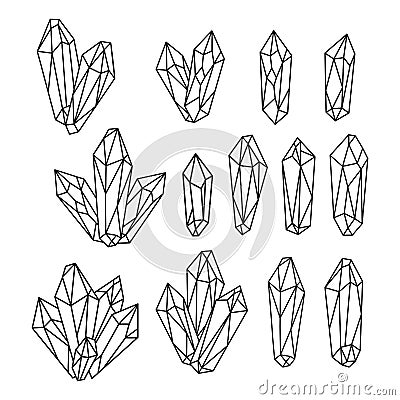Set of hand drawn monochrome quartz crystals. Vector Illustration