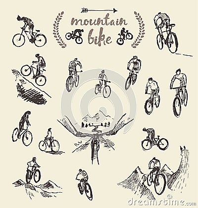 Set Hand Drawn Mountain Bike Cyclist Vector Sketch Stock Vector - Image