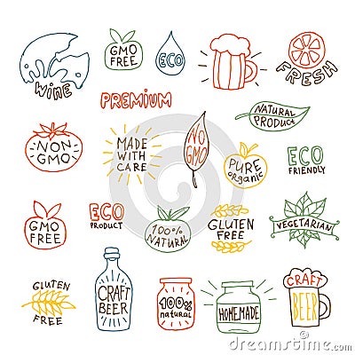 Set of hand drawn natural badges and labels vector Vector Illustration