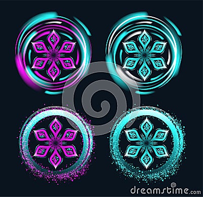Set of hand drawn neon snowflakes and circle frames with violet, silver and blue glow Vector Illustration