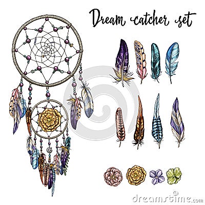 Set of hand drawn ornate Dreamcatcher, flowers and feathers isolated on white background. Vector Illustration Stock Photo