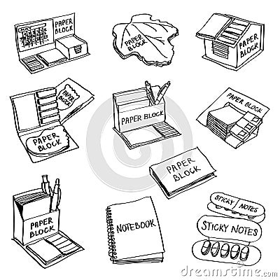 Set of hand drawn paper products doodles isolated on a white background. Vector Illustration