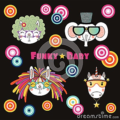 Cute animals in funky hats and glasses Vector Illustration
