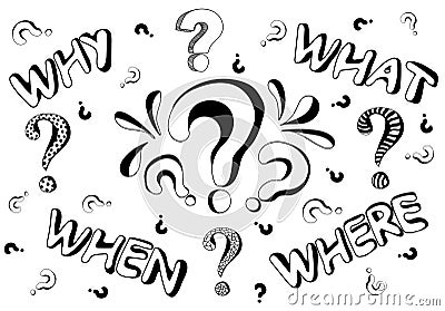 Set of hand drawn question words and question marks in doodle style Vector Illustration