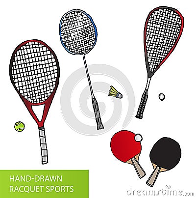 Set of hand-drawn racquet sports - equipment for tennis, table tennis, badminton and squash - rackets and balls Vector Illustration