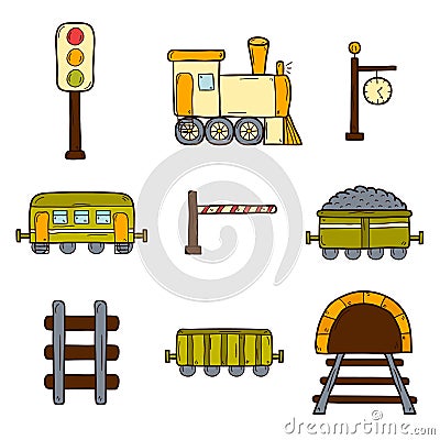 Set of hand drawn railroad icons: wagons Vector Illustration