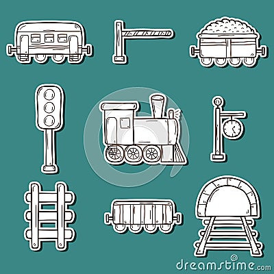 Set of hand drawn railroad stickers: wagons Vector Illustration