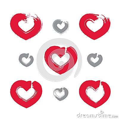 Set of hand-drawn red love heart icons, collection Vector Illustration