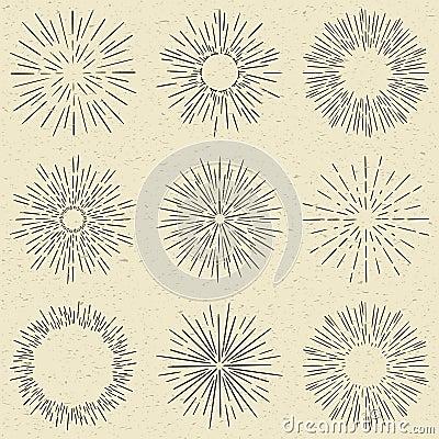 Set of hand drawn retro sunburst, fireworks or bursting rays design elements. Vintage style, grunge paper background. Vector Illustration