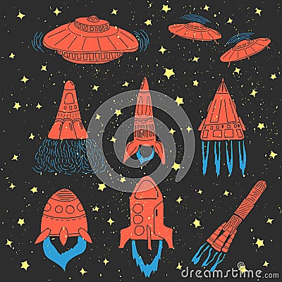 Set of hand drawn rockets. Space shuttle. UFO Vector Illustration