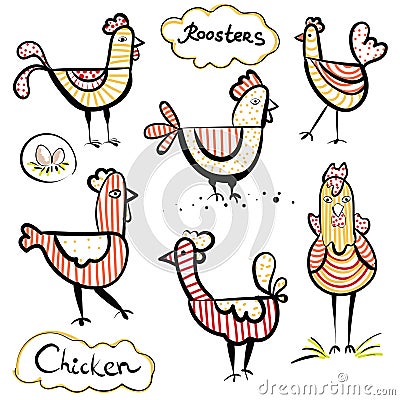 Set of a hand drawn roosters and chickens. Scetch illustration. Striped ornament. Vector Illustration