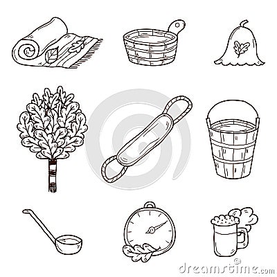 Set of hand drawn sauna icons: broom, towel, hat Vector Illustration