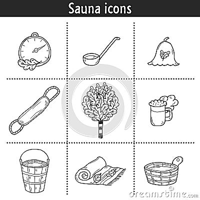 Set of hand drawn sauna icons: broom, towel, hat Vector Illustration