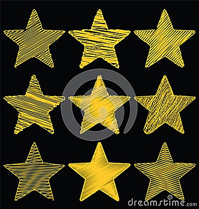 Set Of Hand Drawn Scribble Gold Stars, Icon Vector Design Set 1 Vector Illustration