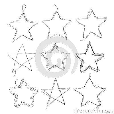 Set of hand drawn scribble stars. Collection of abstract frames in doddles style. Design element in the shape of star. Vector Illustration