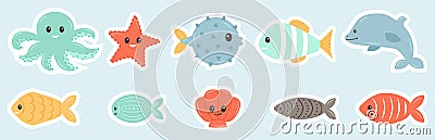 Set with hand drawn sea life stickers. Sea animals. Ocean vibes. Doodle cartoon set of marine life objects. Vector Vector Illustration